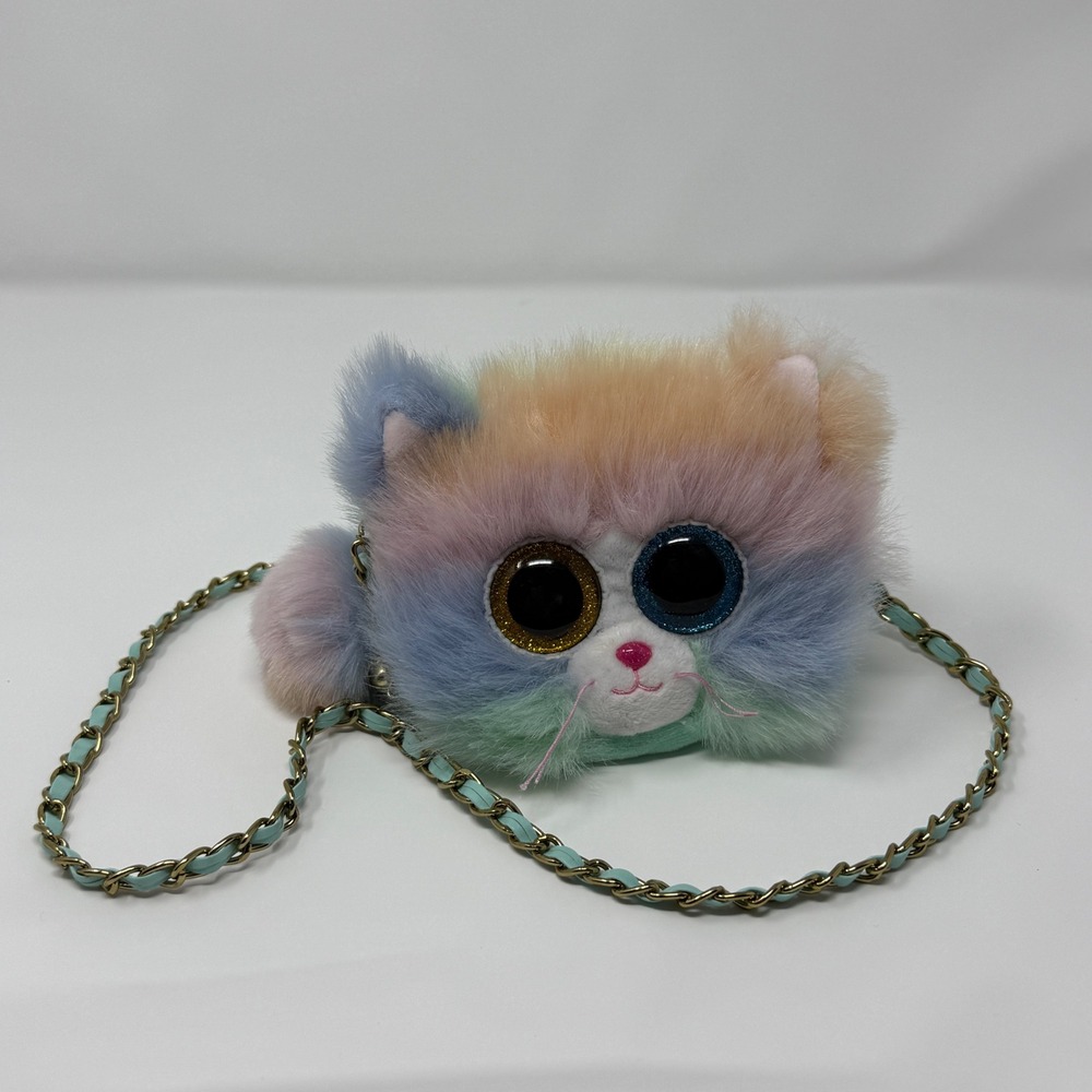 Ty Heather the Cat Beanie Bellies Plush Crossbody Bag Pastel Rainbow Purse